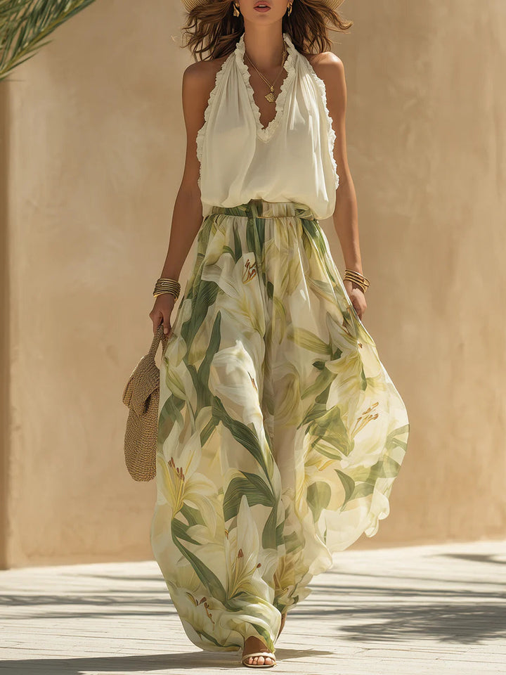 Sarah | Chiffon Sleeveless Top With Ruffles And Lilium Print Trousers