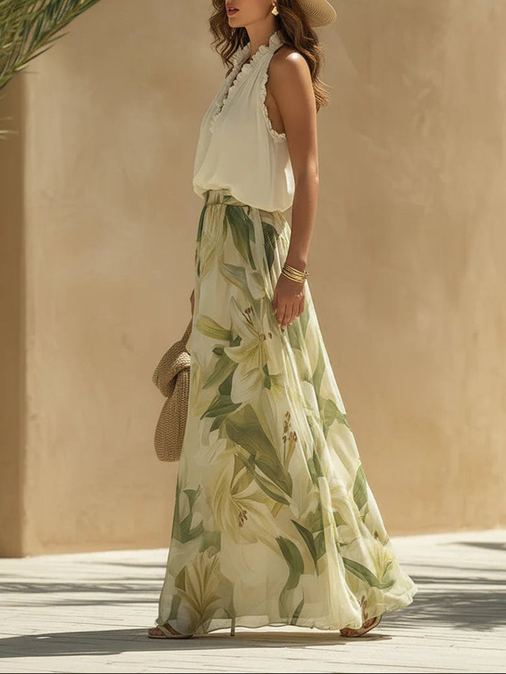 Sarah | Chiffon Sleeveless Top With Ruffles And Lilium Print Trousers