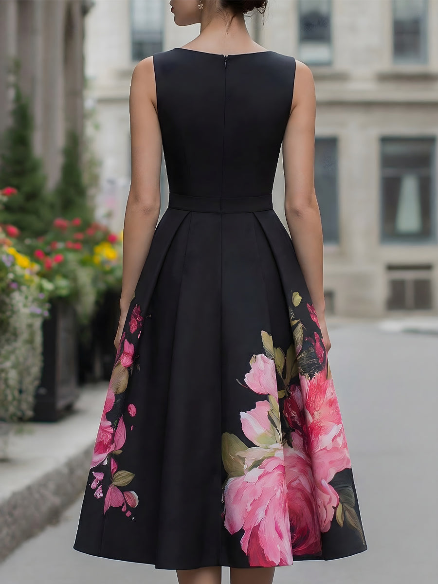 Danielle | Elegant Sleeveless Midi Dress with Floral Pattern on the Skirt