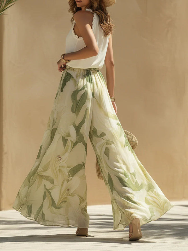 Sarah | Chiffon Sleeveless Top With Ruffles And Lilium Print Trousers
