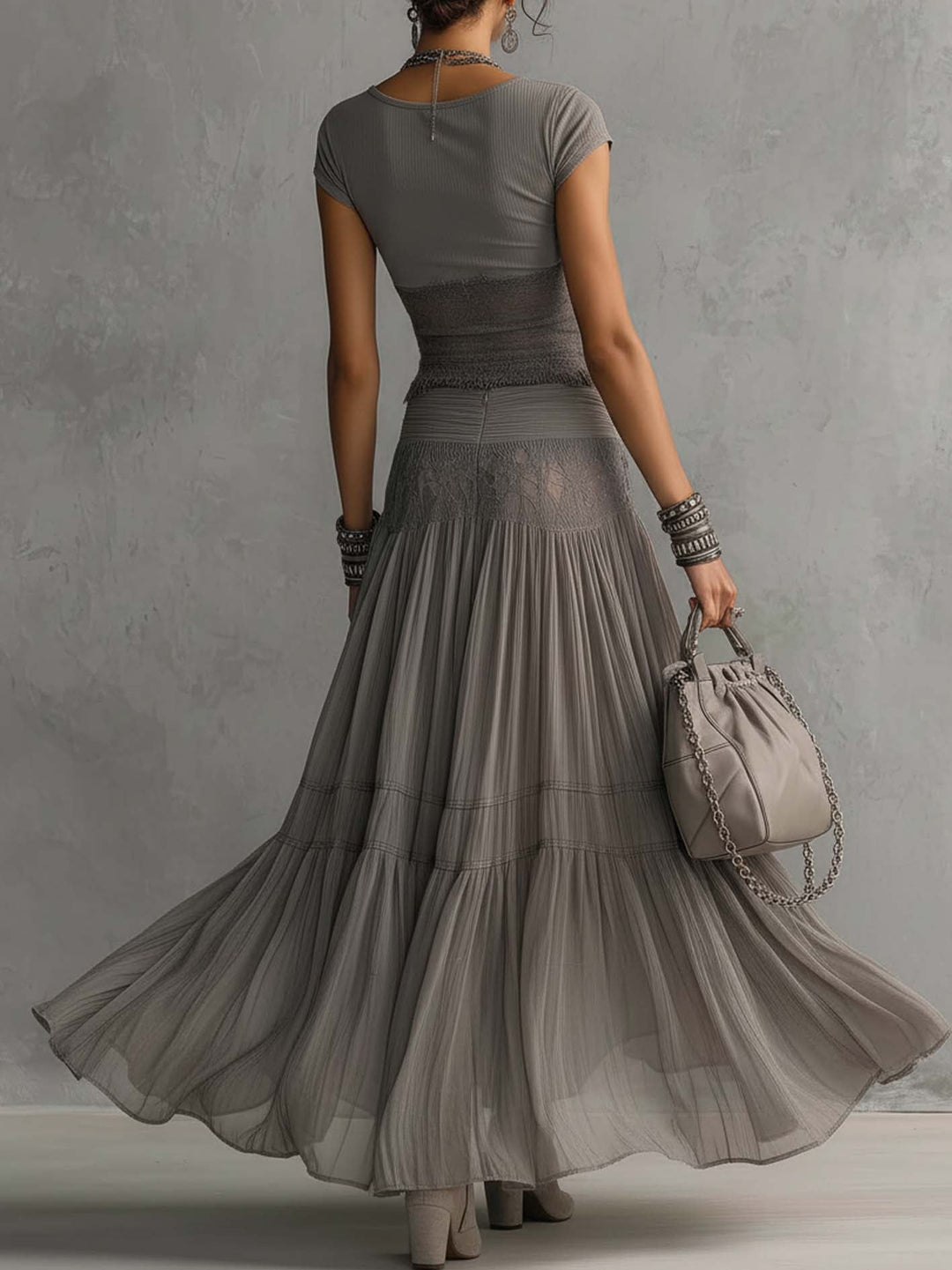 Elena | Lace-Paneled Top and Pleated Maxi Skirt Set