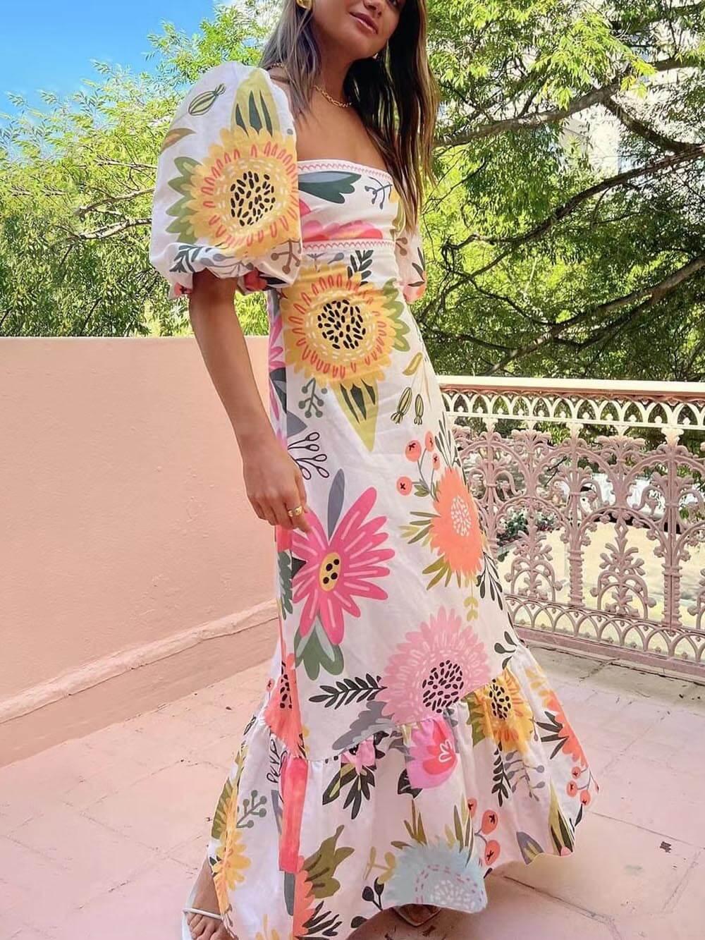 Magdalena | Summer Maxi Dress in Floral Print with Square Neckline