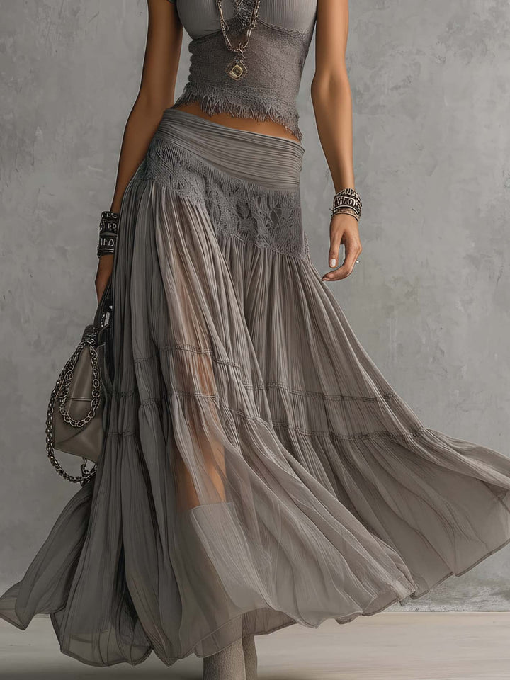 Elena | Lace-Paneled Top and Pleated Maxi Skirt Set