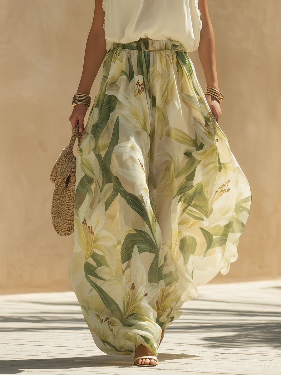 Sarah | Chiffon Sleeveless Top With Ruffles And Lilium Print Trousers