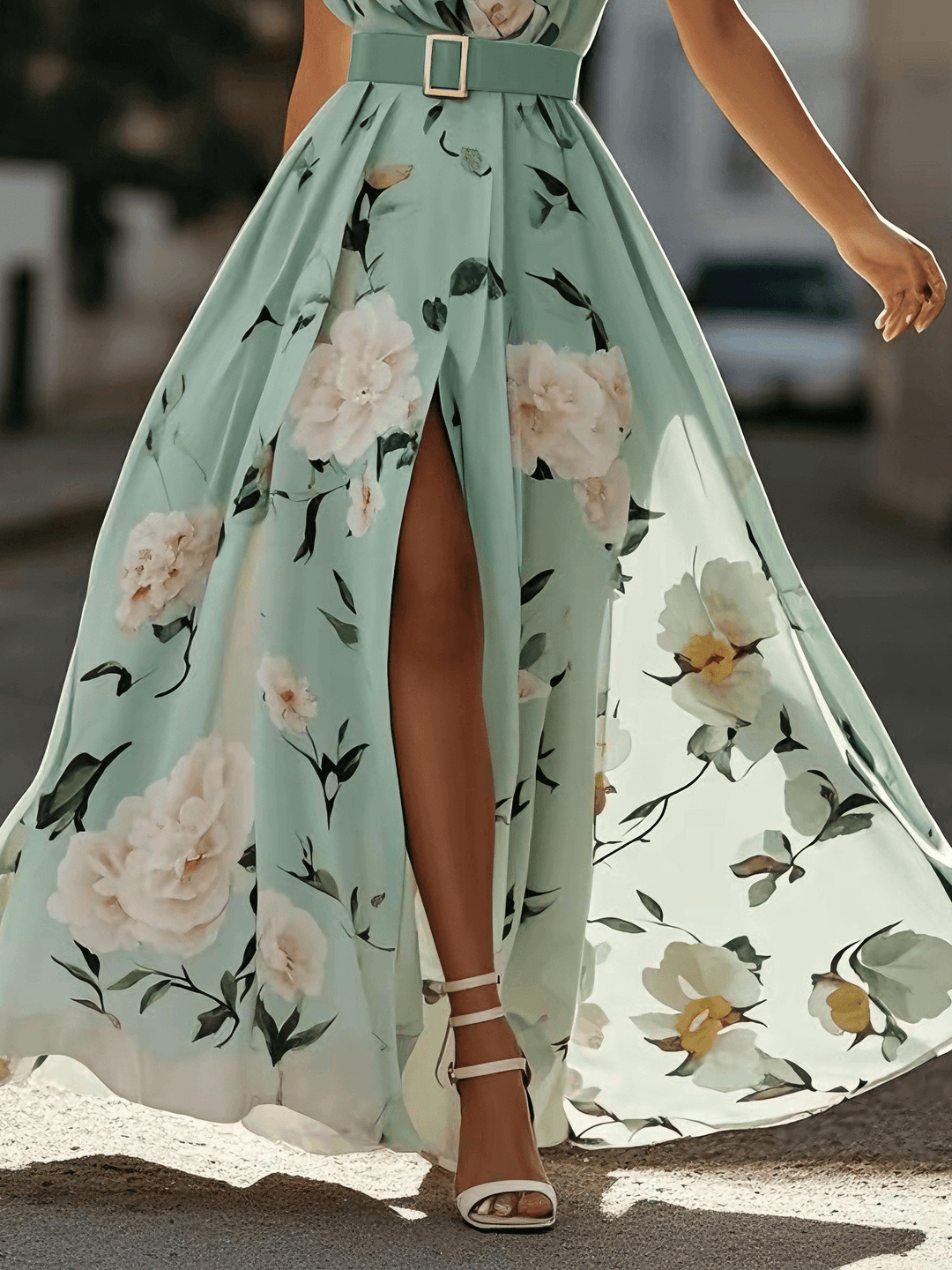 Anna | Light Green Maxi Floral Dress with One Shoulder