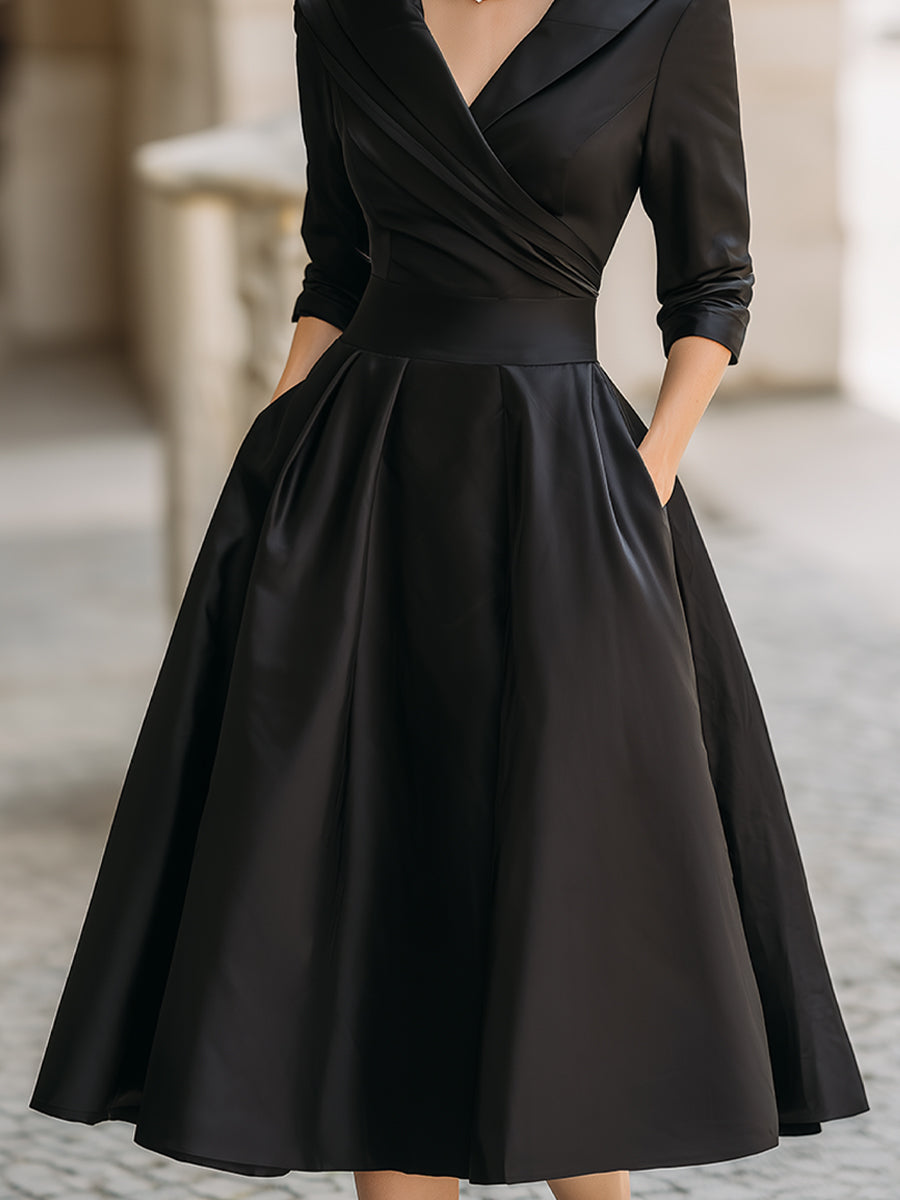 Courtney | Vintage Style Satin Midi Dress with Draped Collar