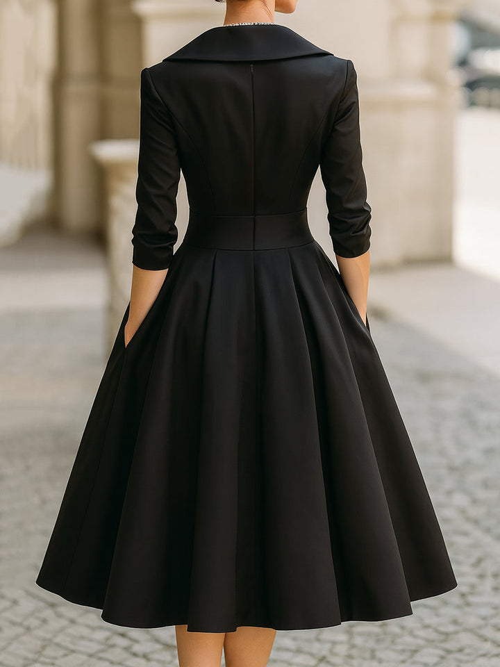 Courtney | Vintage Style Satin Midi Dress with Draped Collar