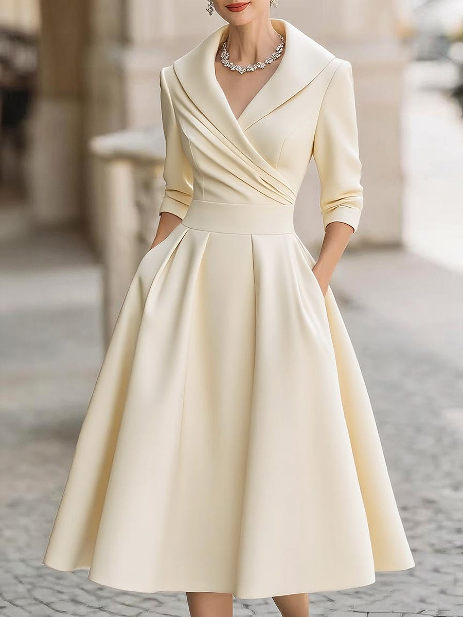Courtney | Vintage Style Satin Midi Dress with Draped Collar