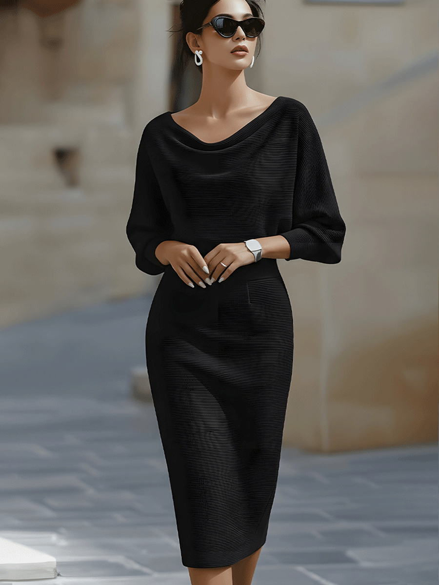 Ashley | White Draped Midi Dress with Batwing Sleeves