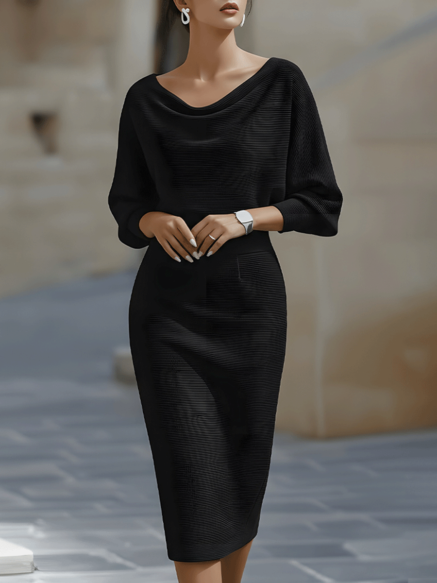 Ashley | White Draped Midi Dress with Batwing Sleeves