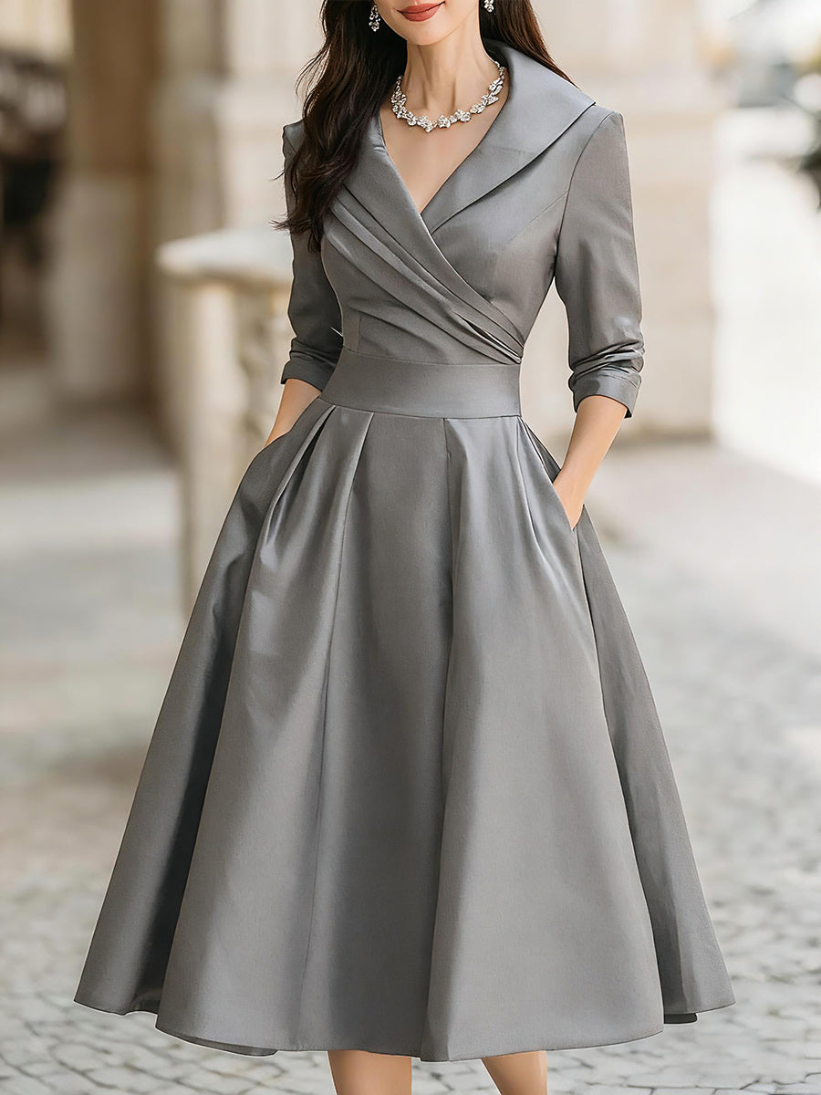 Courtney | Vintage Style Satin Midi Dress with Draped Collar