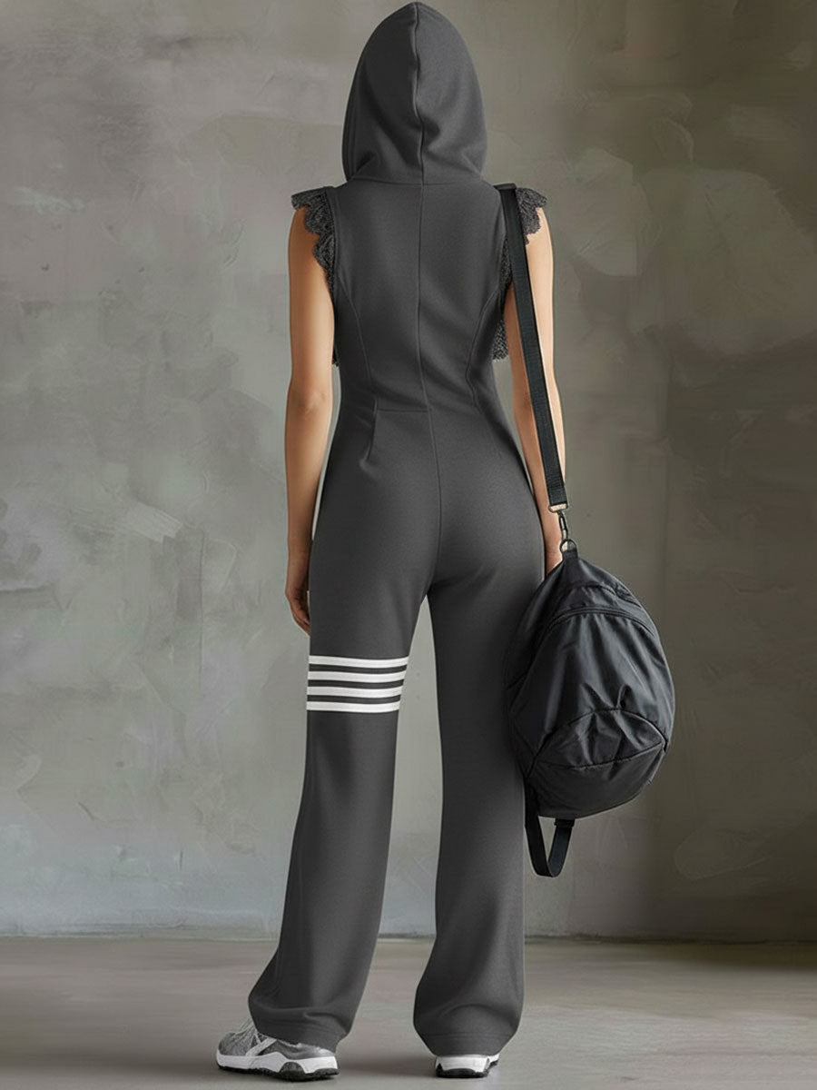 Grace | Retro Sports Jumpsuit With Hood And Stripes