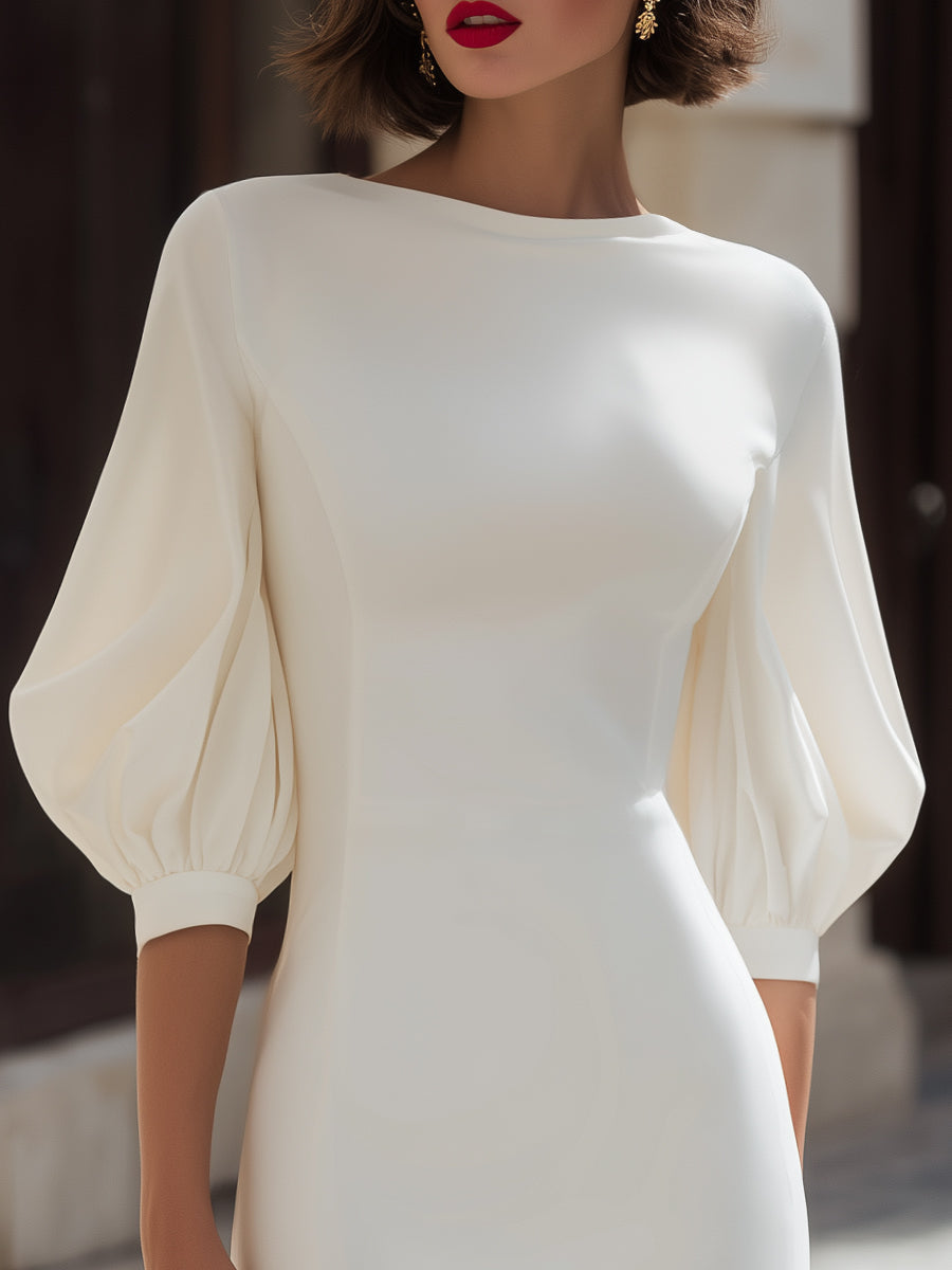 Samantha | Minimalist Midi Dress with Puff Sleeves