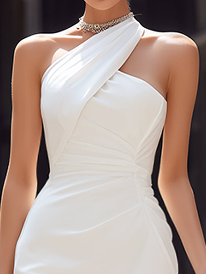 April | Asymmetrical Midi Dress with Draping on Halter