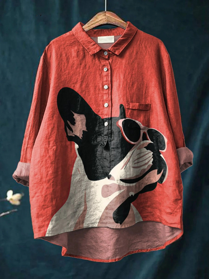 Evy | Decorative Pattern of French Bulldog Wearing Sunglasses On Red Background Casual Shirt