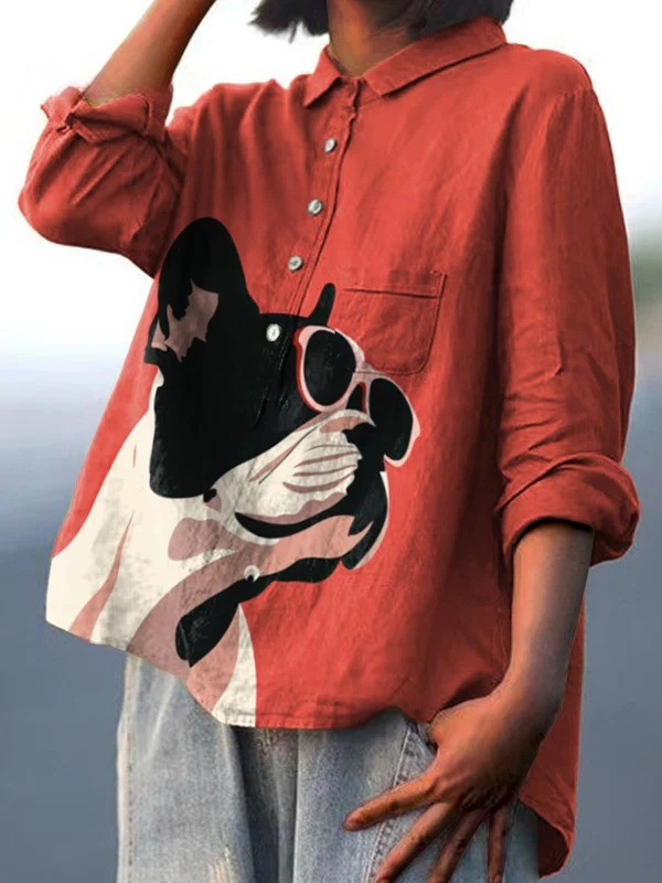 Evy | Decorative Pattern of French Bulldog Wearing Sunglasses On Red Background Casual Shirt