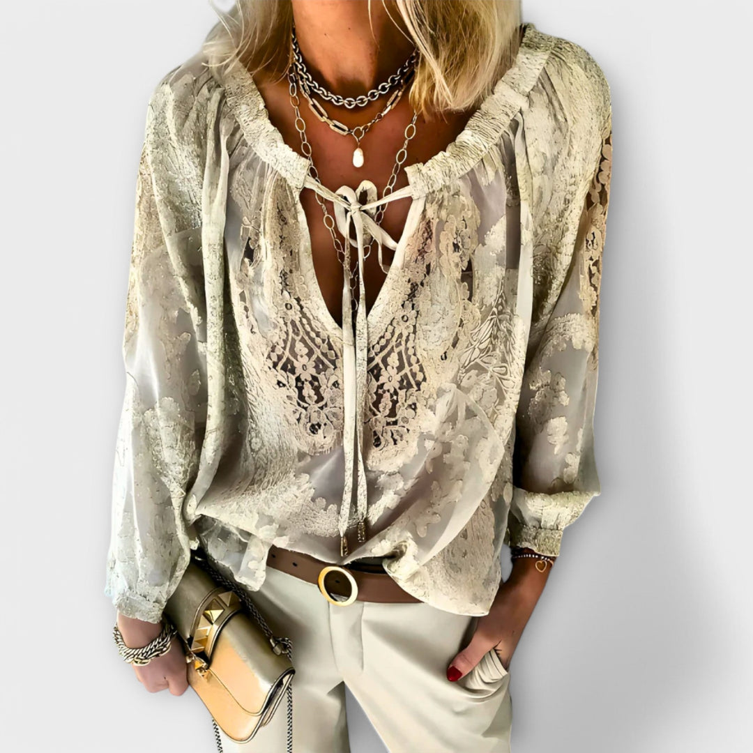 Zeleste | Women's Lace V-Neck Blouse Long Sleeve Boho Top