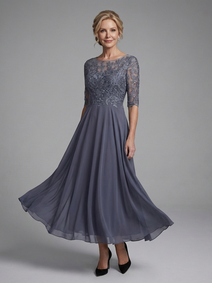 Birdie | Midi Dress with Lace Body and Sheer Sleeves