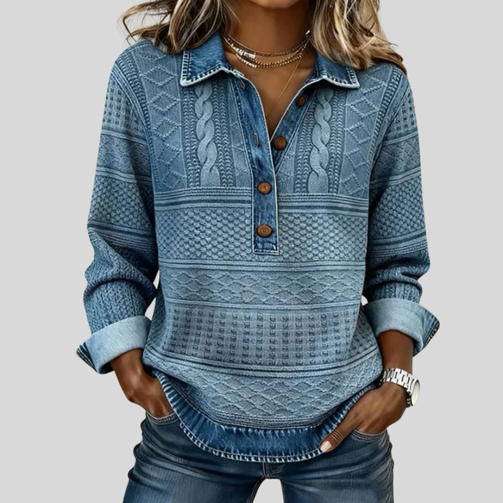 Velmora | Textured Knit Button-Collar Top