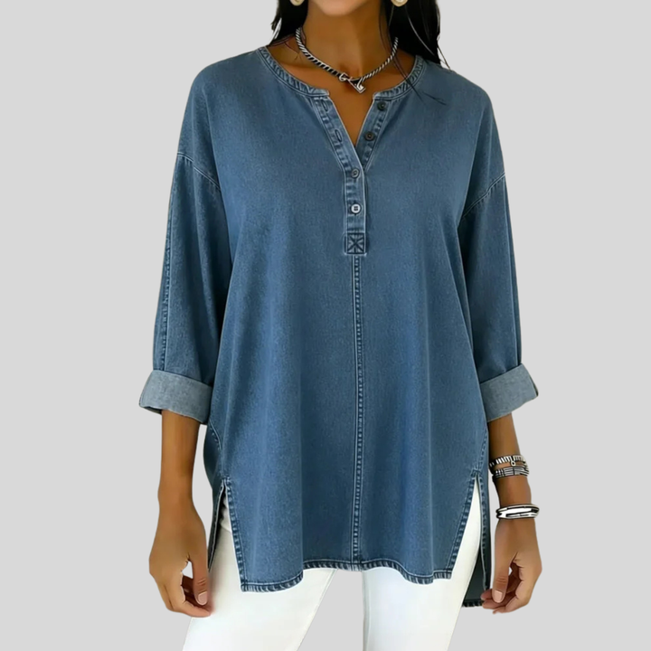 Parielle | Button Down V-neck Denim Top