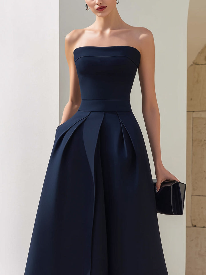 Alexandra | A-Line Strapless Midi Dress with Pleats
