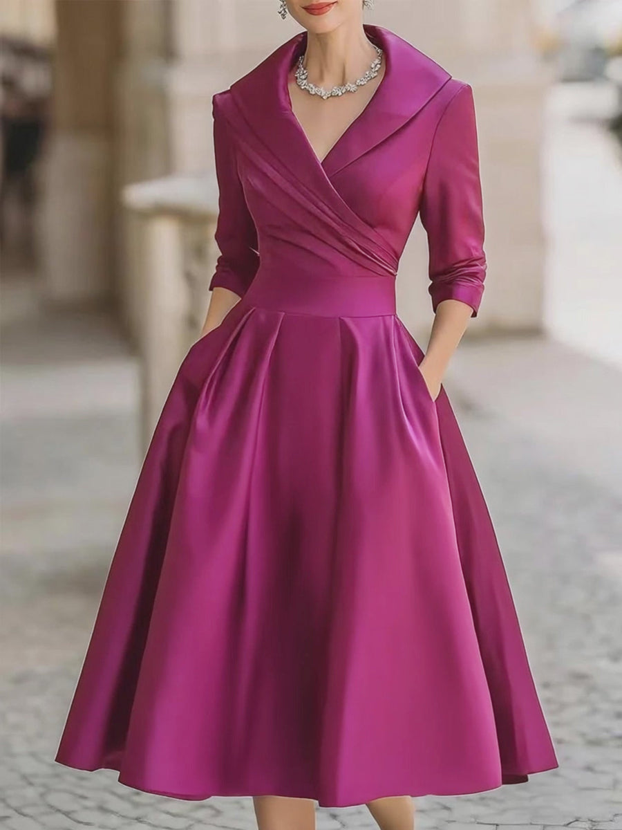 Courtney | Vintage Style Satin Midi Dress with Draped Collar