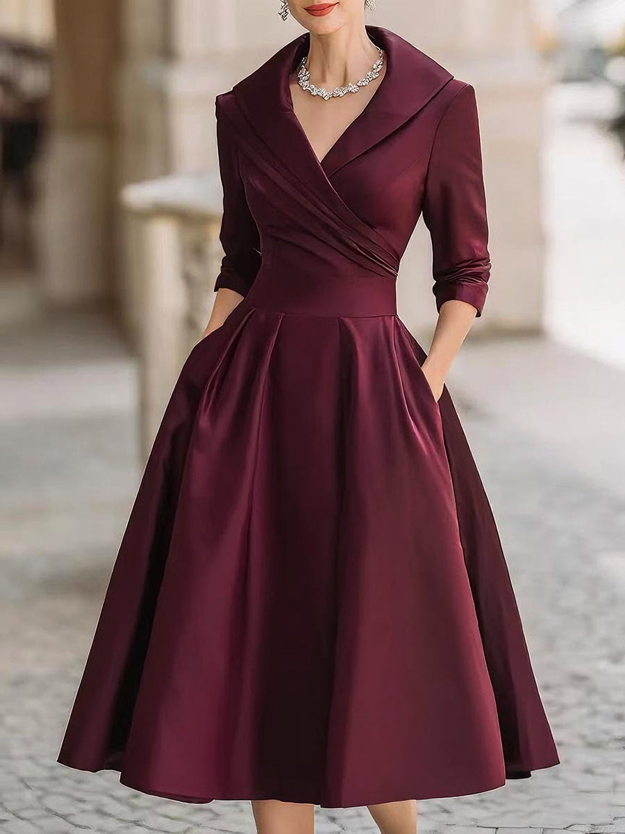 Courtney | Vintage Style Satin Midi Dress with Draped Collar