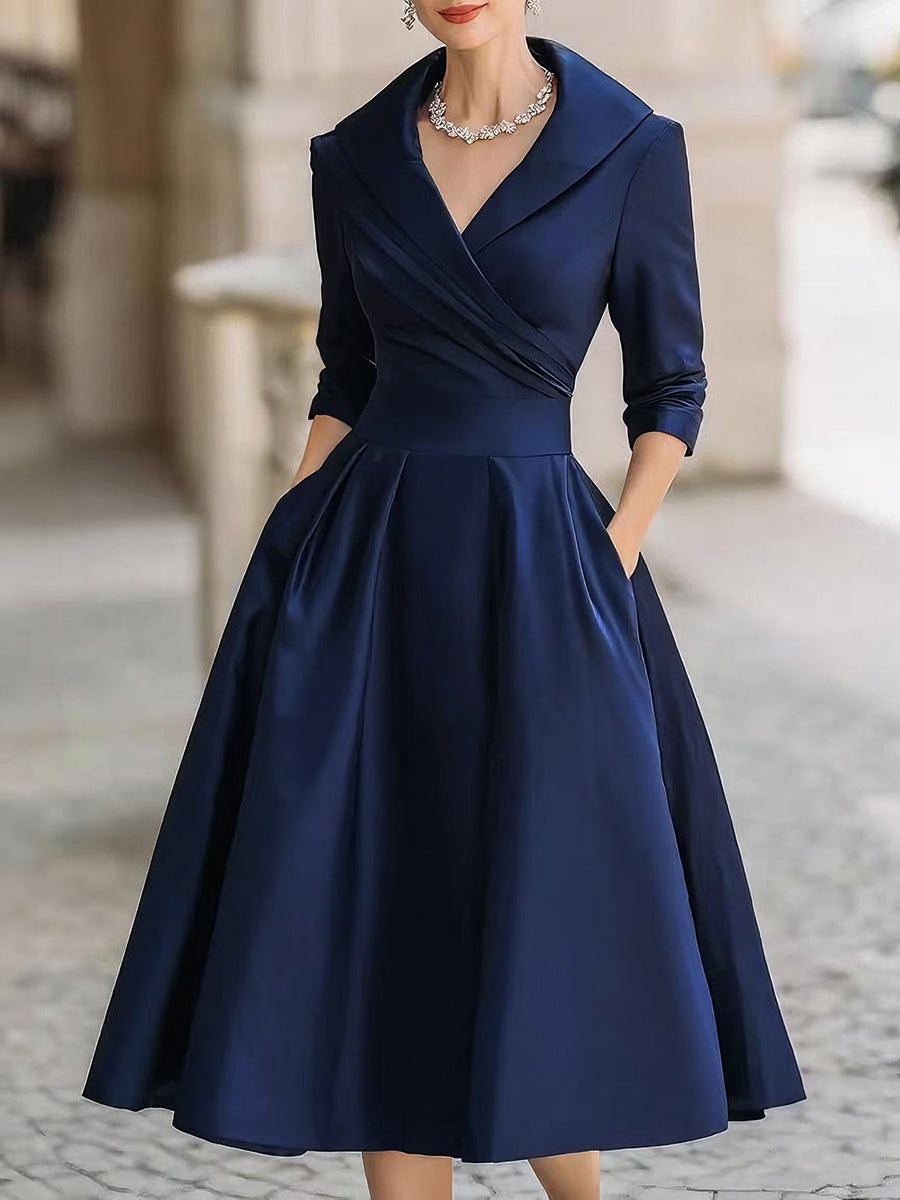 Courtney | Vintage Style Satin Midi Dress with Draped Collar