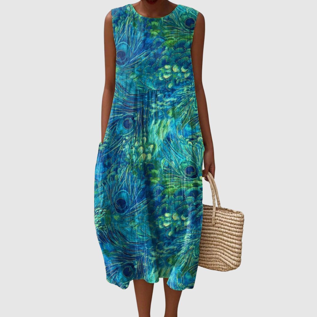 Sienna | Women's Peacock Feather Pattern Art Print Sleeveless Pocket Wrap Dress