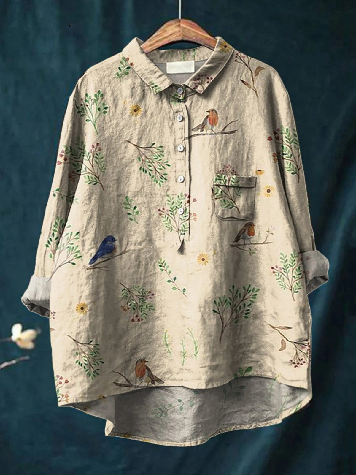 Alicia | Boughs And Robin Birds Pattern Printed Women's Casual Shirt