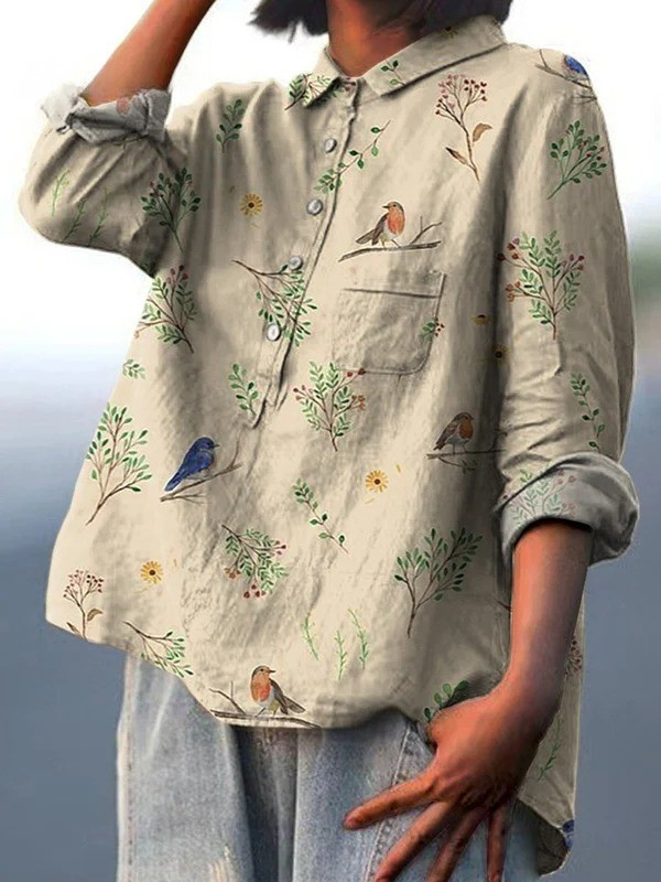 Alicia | Boughs And Robin Birds Pattern Printed Women's Casual Shirt