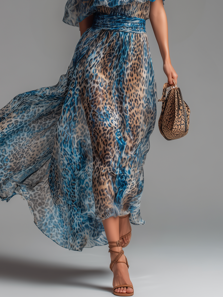 Chloe | Long Chiffon Dress With Leopard Print And Bare Shoulders