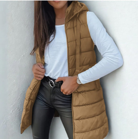 Rain | Casual Sleeveless Hood Long Puffer Vest