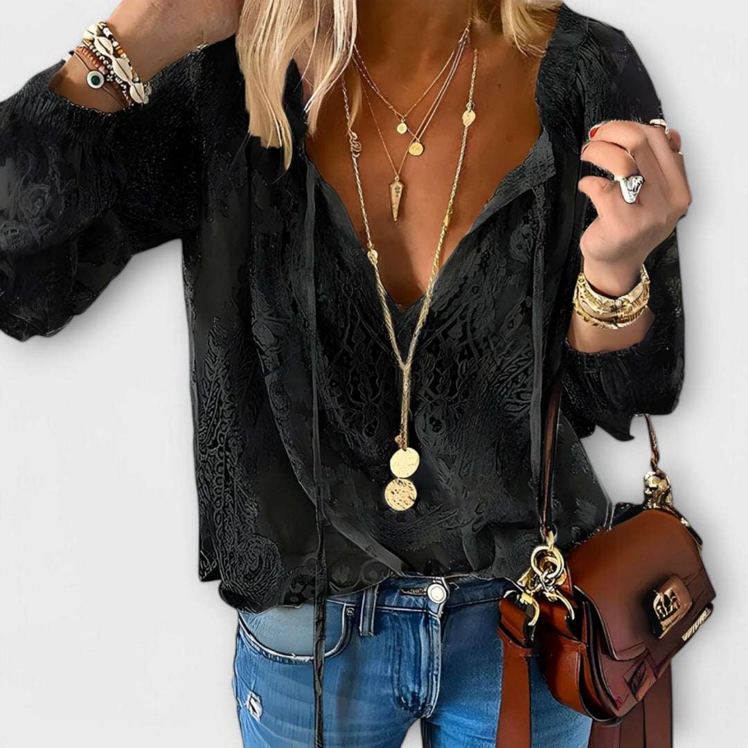 Zeleste | Women's Lace V-Neck Blouse Long Sleeve Boho Top