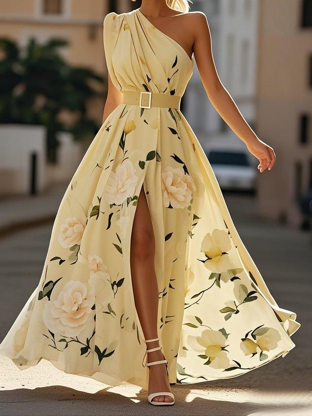 Anna | Light Green Maxi Floral Dress with One Shoulder