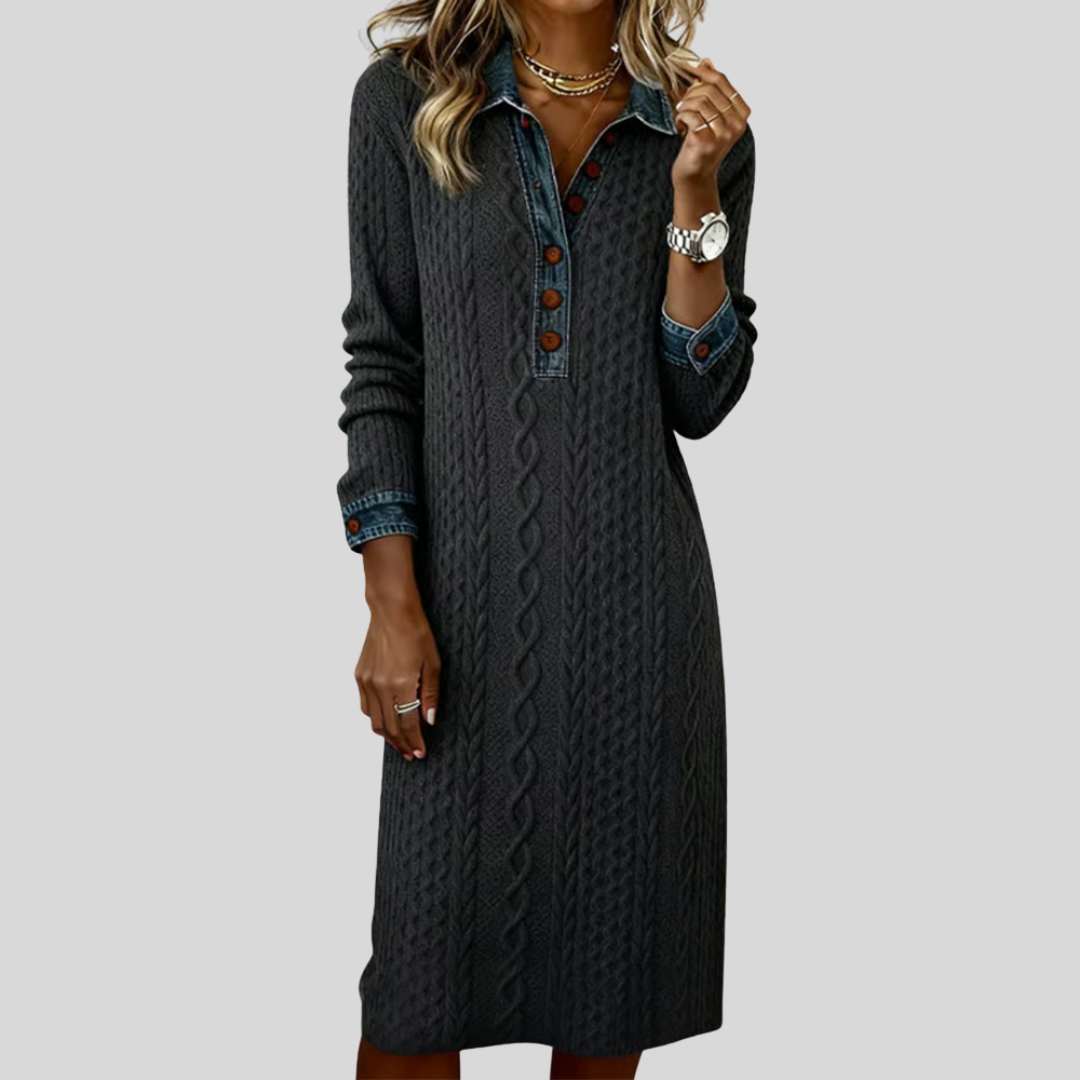Liyana | Denim Cable Knit Collared Dress