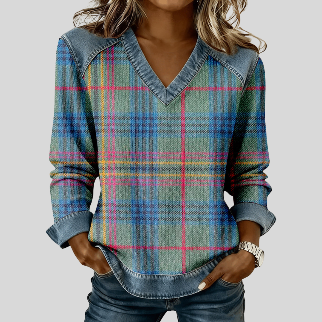 Lucette | Retro Plaid V-Neck Top