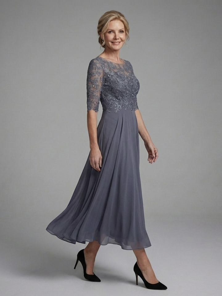 Birdie | Midi Dress with Lace Body and Sheer Sleeves