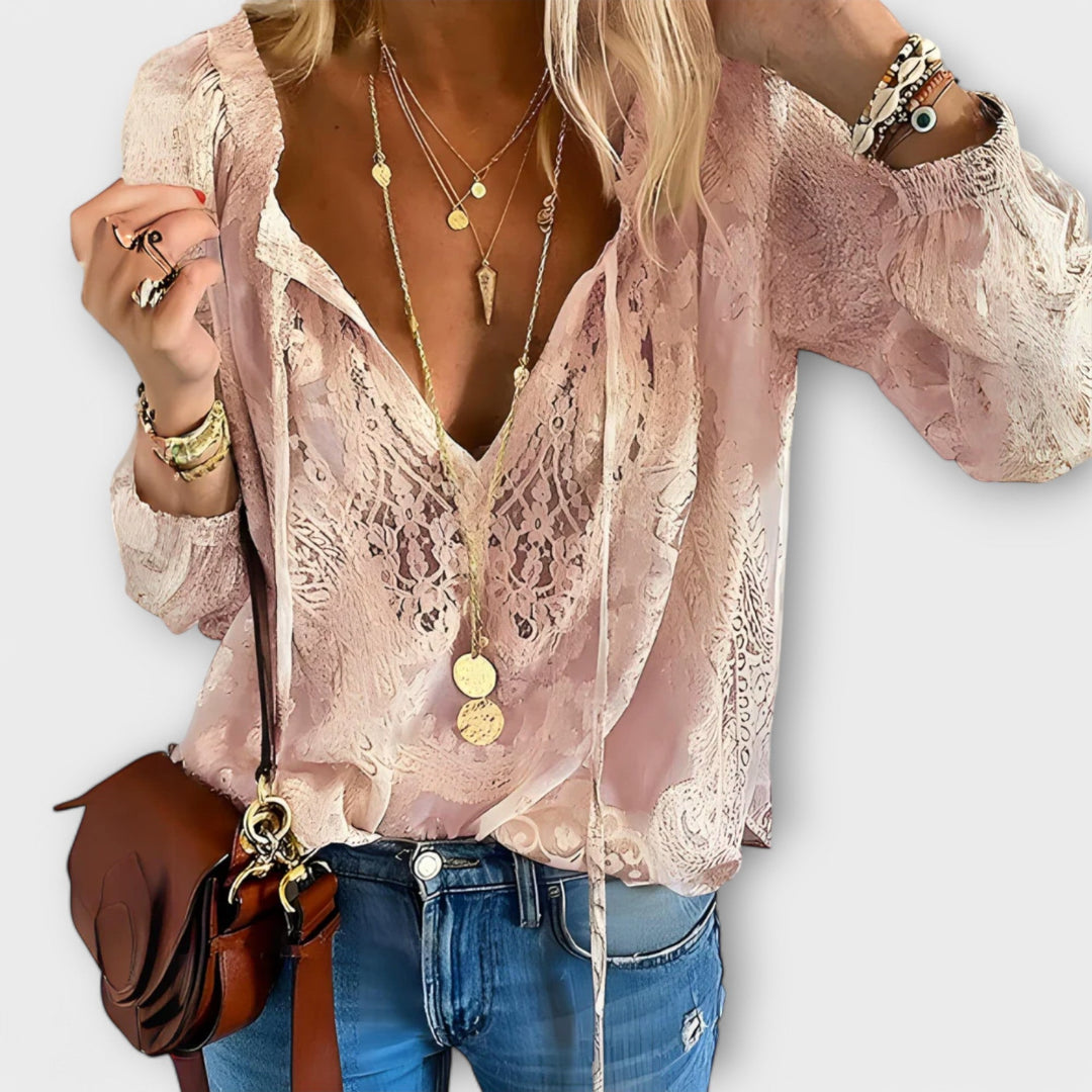 Zeleste | Women's Lace V-Neck Blouse Long Sleeve Boho Top