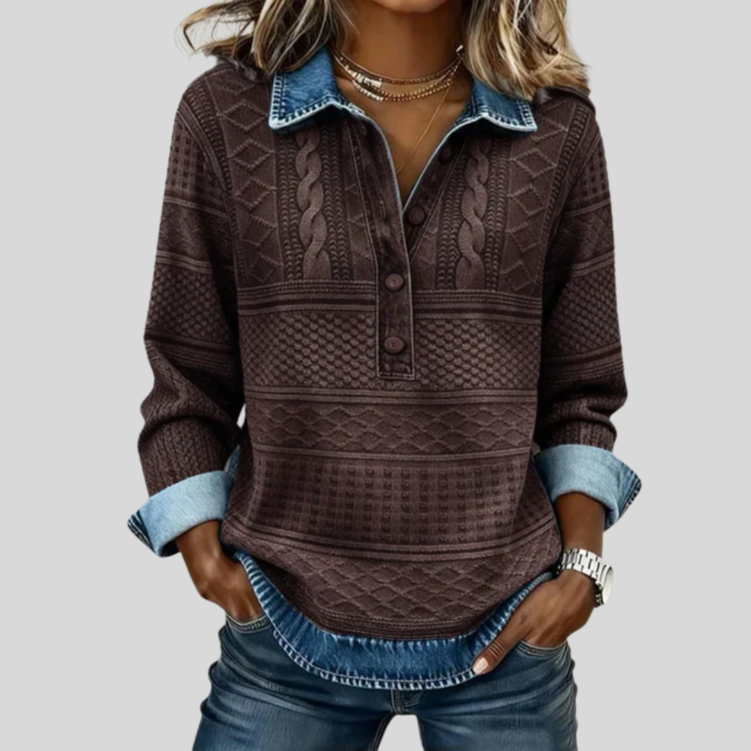 Velmora | Textured Knit Button-Collar Top