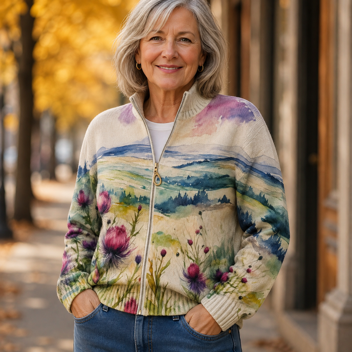 Margaret | Scottish Thistle Zip Cardigan