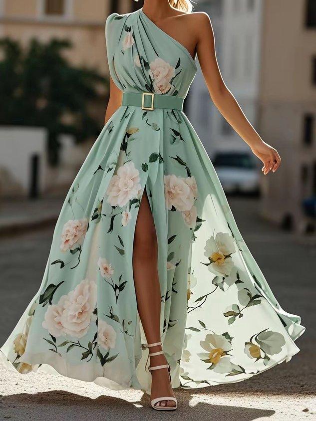 Anna | Light Green Maxi Floral Dress with One Shoulder