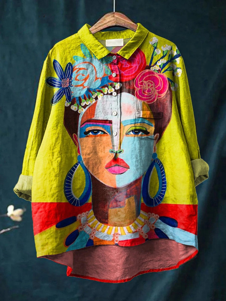 Ember | Oil Painting Freda Portrait Art Printed Women's Casual Shirt