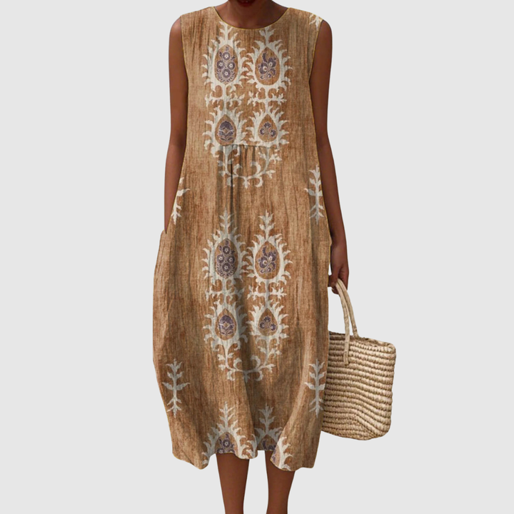 Penelope | Women's Vintage Ethnic Pattern Art Print Sleeveless Pocket Wrap Dress