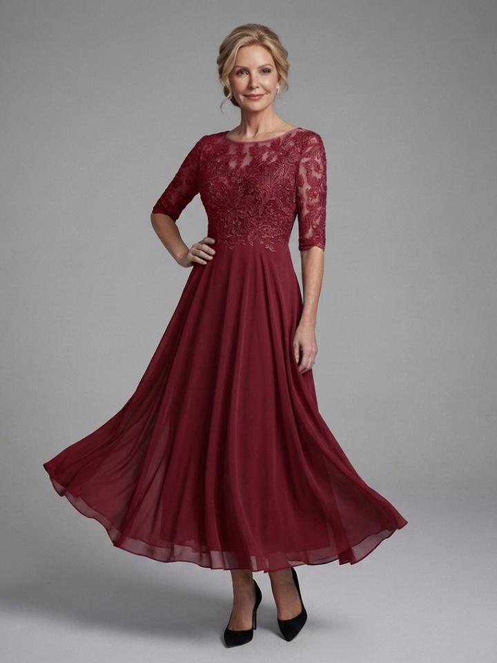 Birdie | Midi Dress with Lace Body and Sheer Sleeves