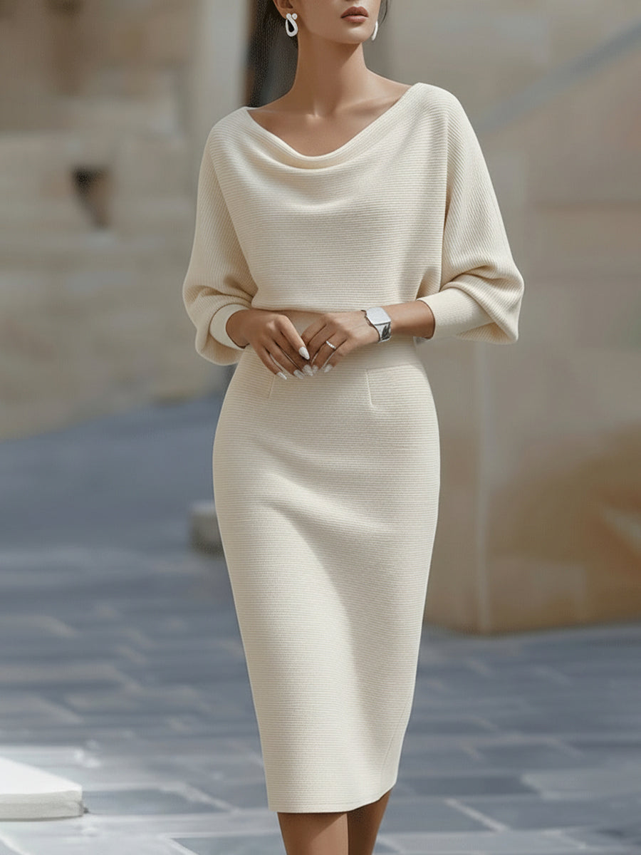 Ashley | White Draped Midi Dress with Batwing Sleeves