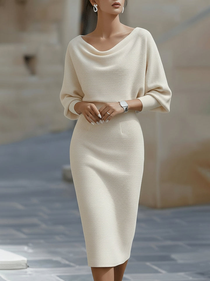 Ashley | White Draped Midi Dress with Batwing Sleeves