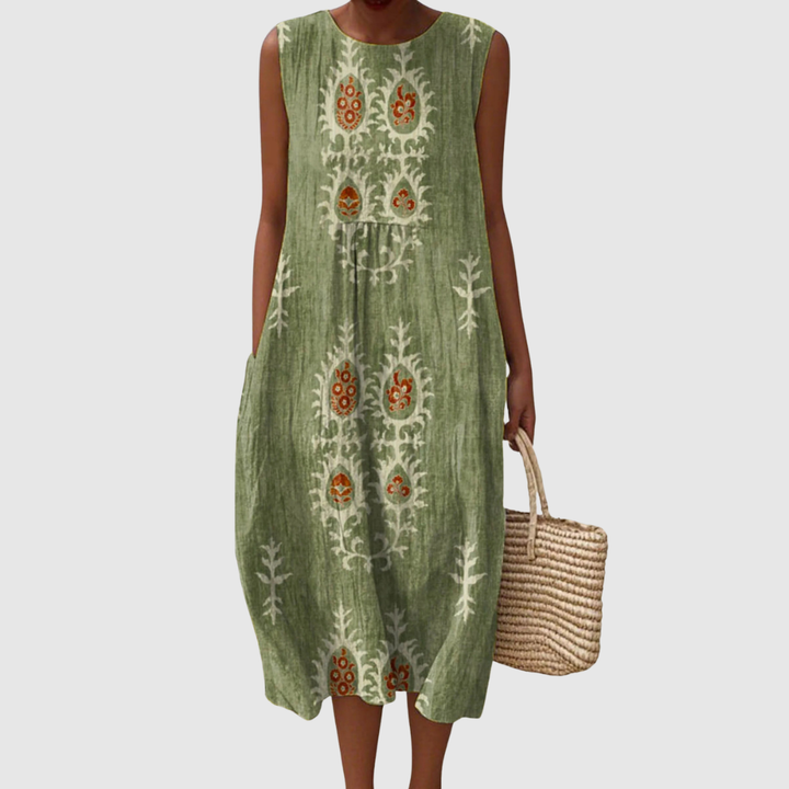 Penelope | Women's Vintage Ethnic Pattern Art Print Sleeveless Pocket Wrap Dress