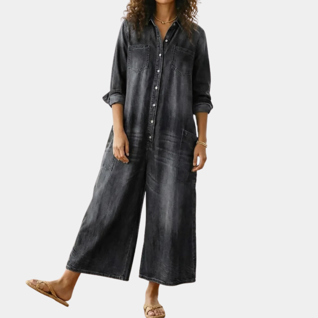 Diana | Vintage Washed Soft Cotton Denim Jumpsuit with Button Closure