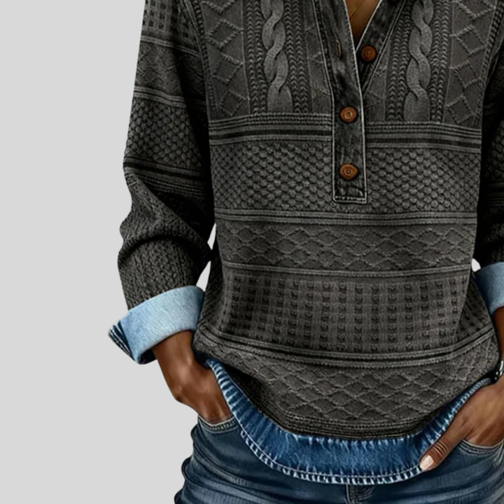 Velmora | Textured Knit Button-Collar Top